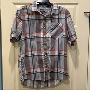 VOLCOM Stone Gray & Red Plaid Short Sleeve Collared Shirt Men M